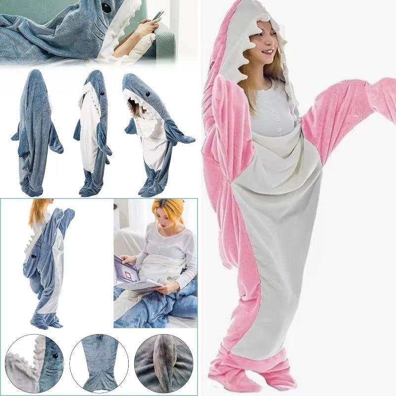 Women's Large Size Thickened Shark Pajamas - Long Sleeve One-Piece Homewear Robe